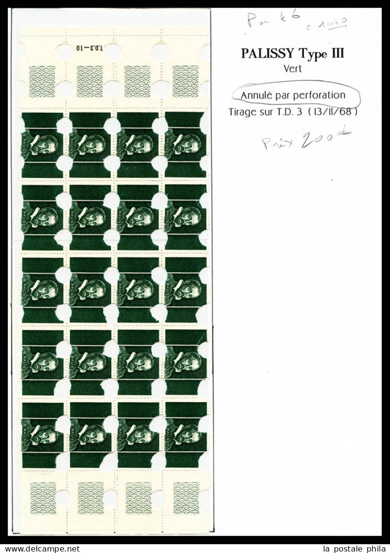 ** Pa 46, Palissy Type III Vert, Annulé Par Perforation En Panneau De 20 Exemplaires Bdf. TTB (certificat)  Qualité: **  - Probedrucke, Nicht Ausgegeben, Experimentelle Vignetten