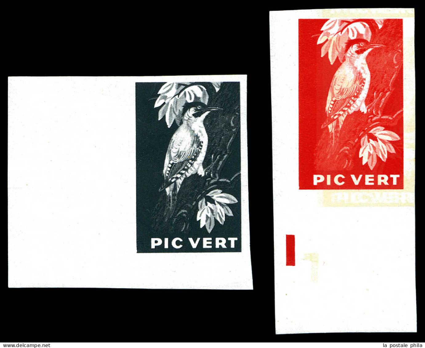 ** PVL 1/2, Pic Vert: Essais Précurseurs Encre Phosphorescente: Rouge Et Noir, Les 2 Exemplaires Bdf, TTB (certificat)   - Proofs, Unissued, Experimental Vignettes