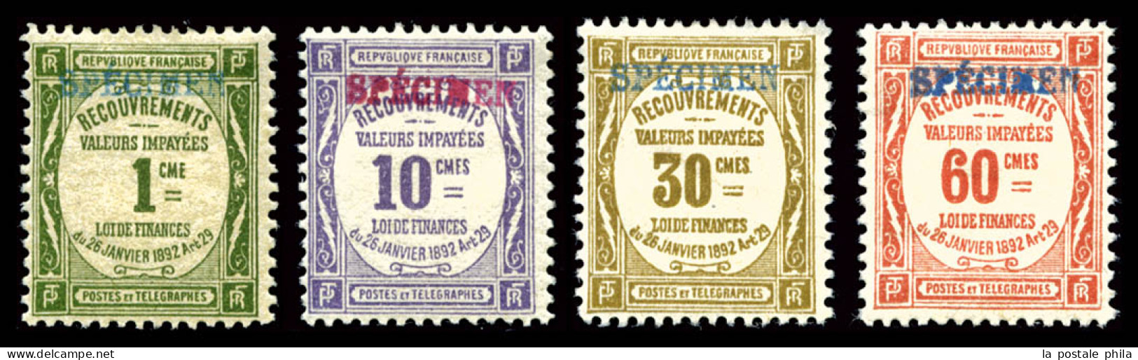* Série Recouvrement: Les 4 Valeurs Surchargées 'SPECIMEN' En Rouge Et Bleu, R.R.R. (signés Scheller/certificat)  Qualit - 1859-1959 Postfris