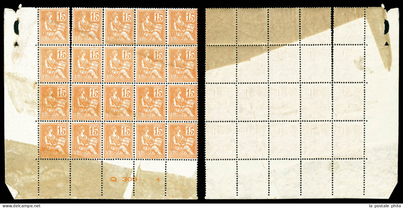 ** N°117, 15c Mouchon: Gommage Partiel Recto-verso Sur Bloc De 20 Exemplaires. TTB (certificat)  Qualité: ** - Unused Stamps