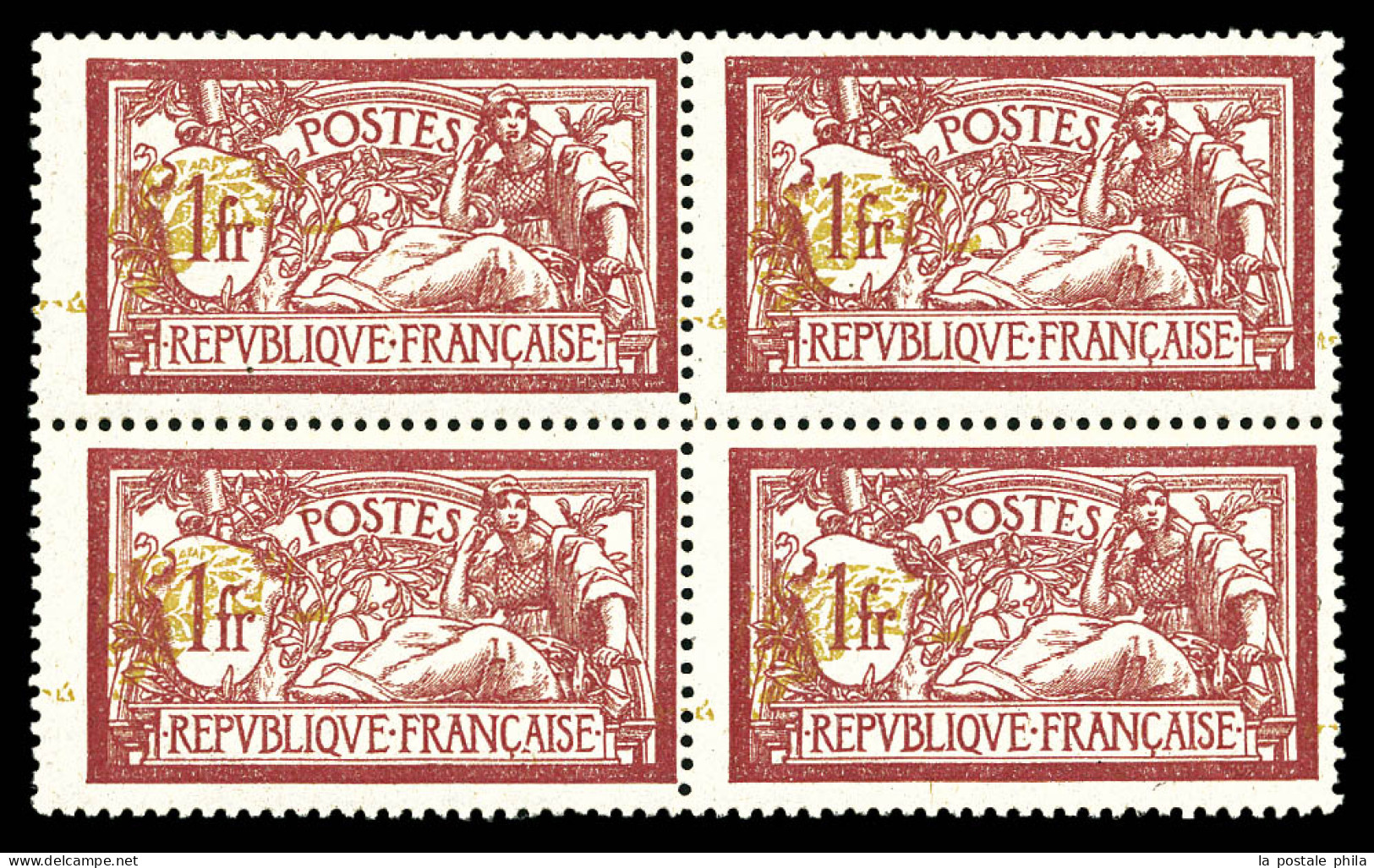 ** N°121b, 1F Merson, Centre Très Déplacé Sur Valeur En Bloc De Quatre. SUP (certificat)  Qualité: **  Cote: 1600 Euros - Unused Stamps