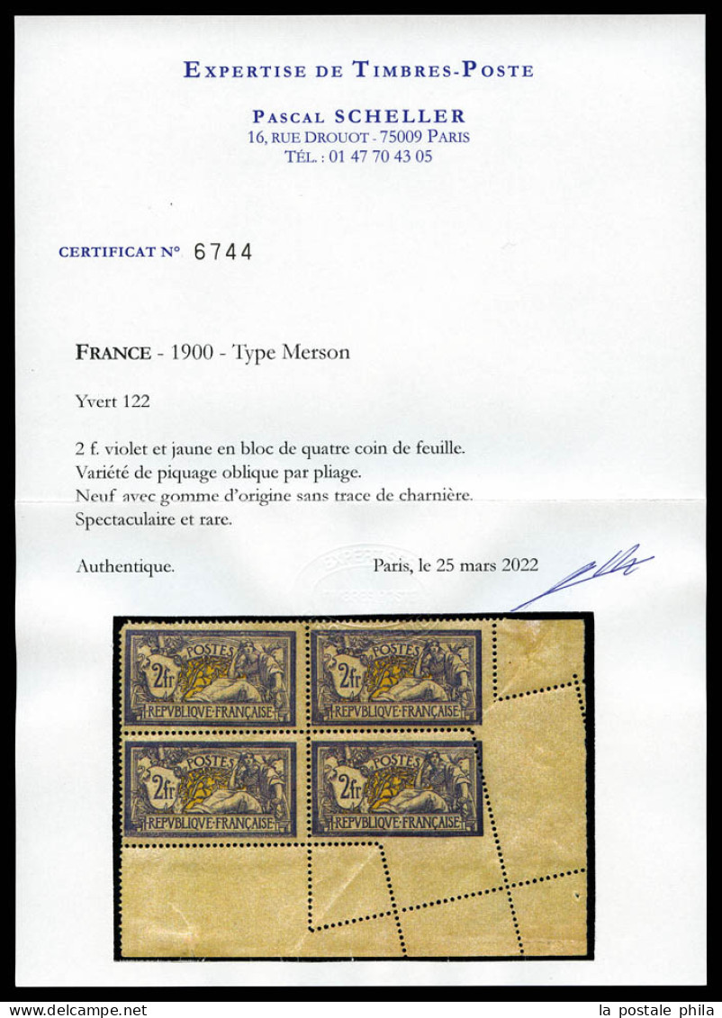 ** N°122, 2F Violet Et Jaune: Spectaculaire Variété De Piquage Oblique Par Pliage Sur Bloc De Quatre Coin De Feuille (ex - Ungebraucht