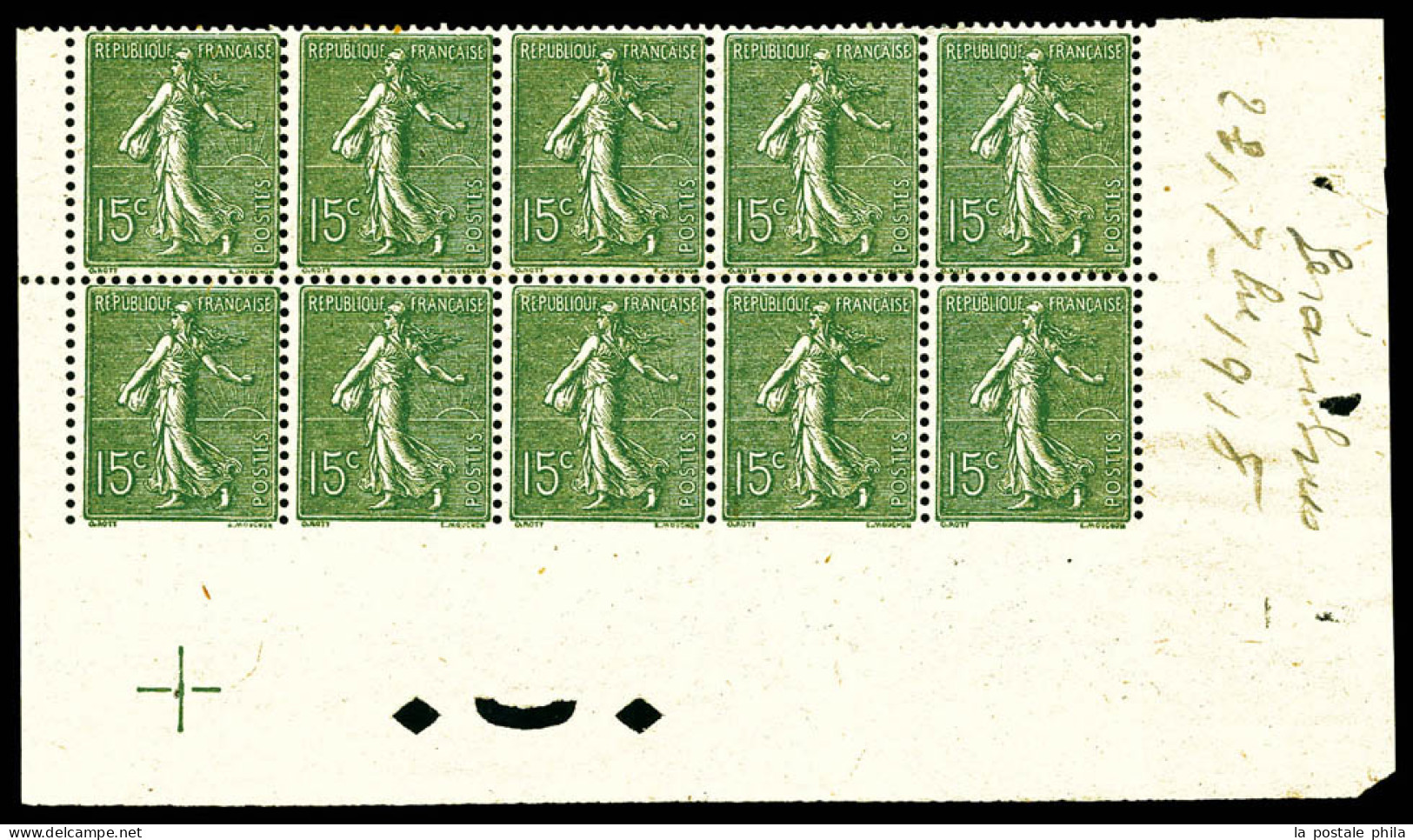 ** N°130, 15c Semeuse, Bloc De 10 Exemplaires Non Dentelé En Partie Inférieure, Bas De Feuille Numéroté Avec Perforation - Unused Stamps