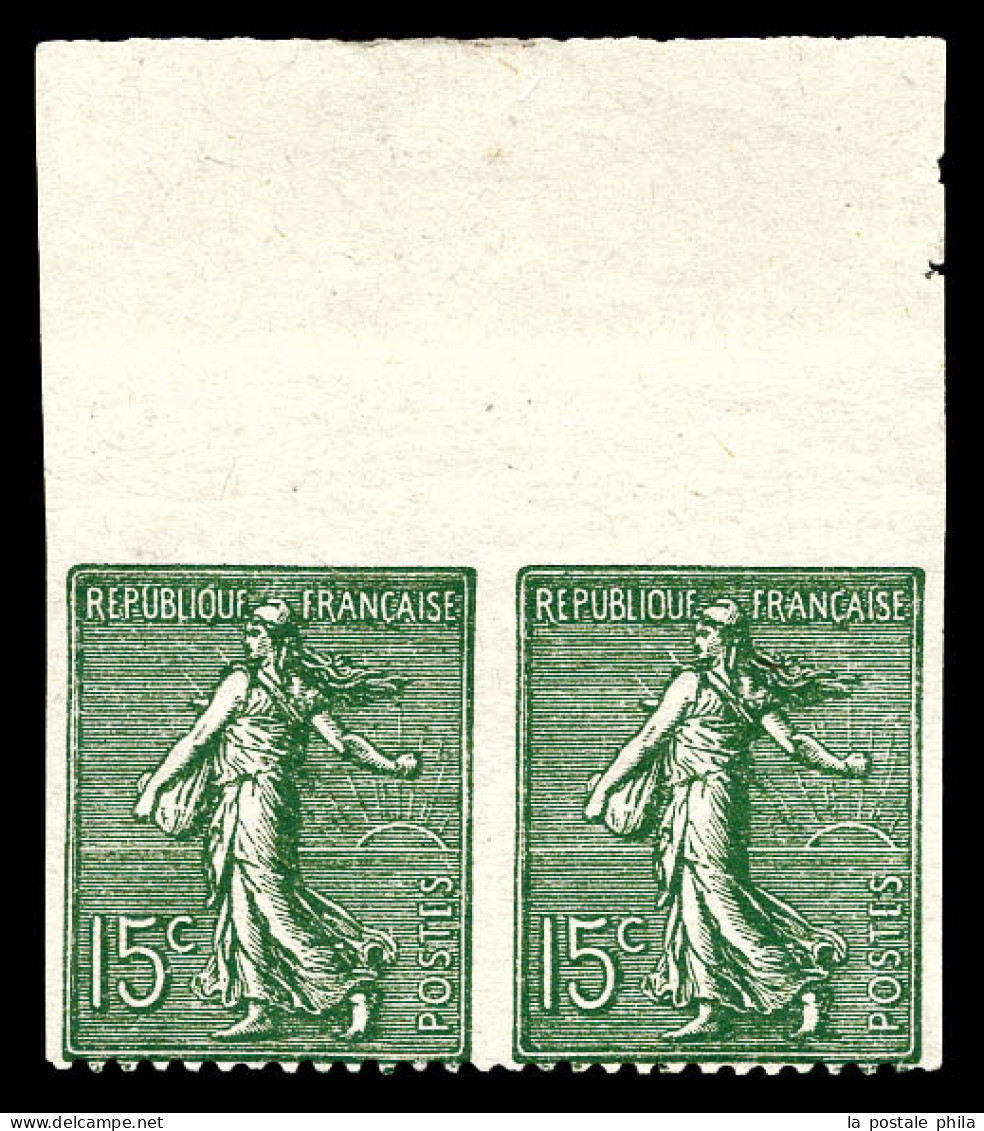 ** N°130, 15c Semeuse Type IV: Paire Non Dentelée Sur Trois Côtés, Papier GC. TTB (signé/certificat)  Qualité: **  Cote: - Unused Stamps