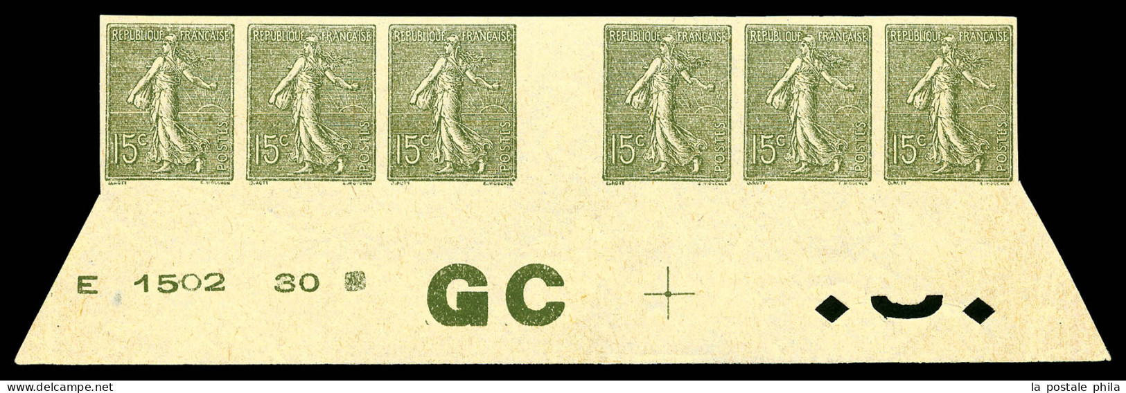 ** N°130g, 15c Vert-gris NON DENTELE En Bande De 6 Bas De Feuille Avec Numéro, Croix De Repère Et Manchette 'GC', RARE E - Nuovi