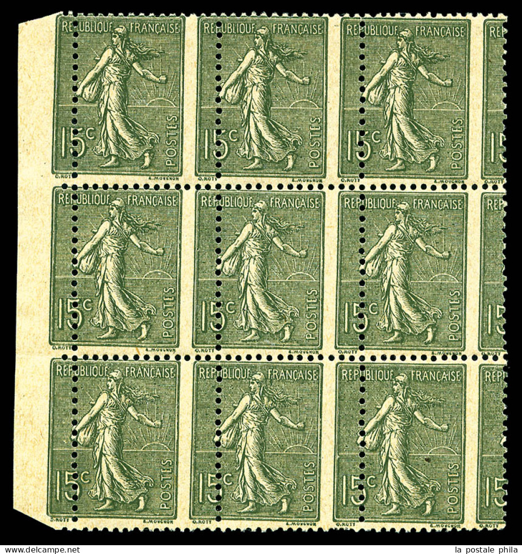 ** N°130, Semeuse, 15c Vert-gris, PIQUAGE A CHEVAL En Bloc De Neuf, Bord De Feuille Latéral Gauche, RARE Et SUP (certifi - Unused Stamps