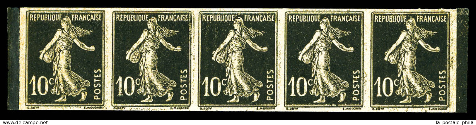 (*) 10c Semeuse, Essais Haegilin Au Noir De Fumee En Bande De 5. TTB (signée Calves/certificat)  Qualité: (*) - Unused Stamps