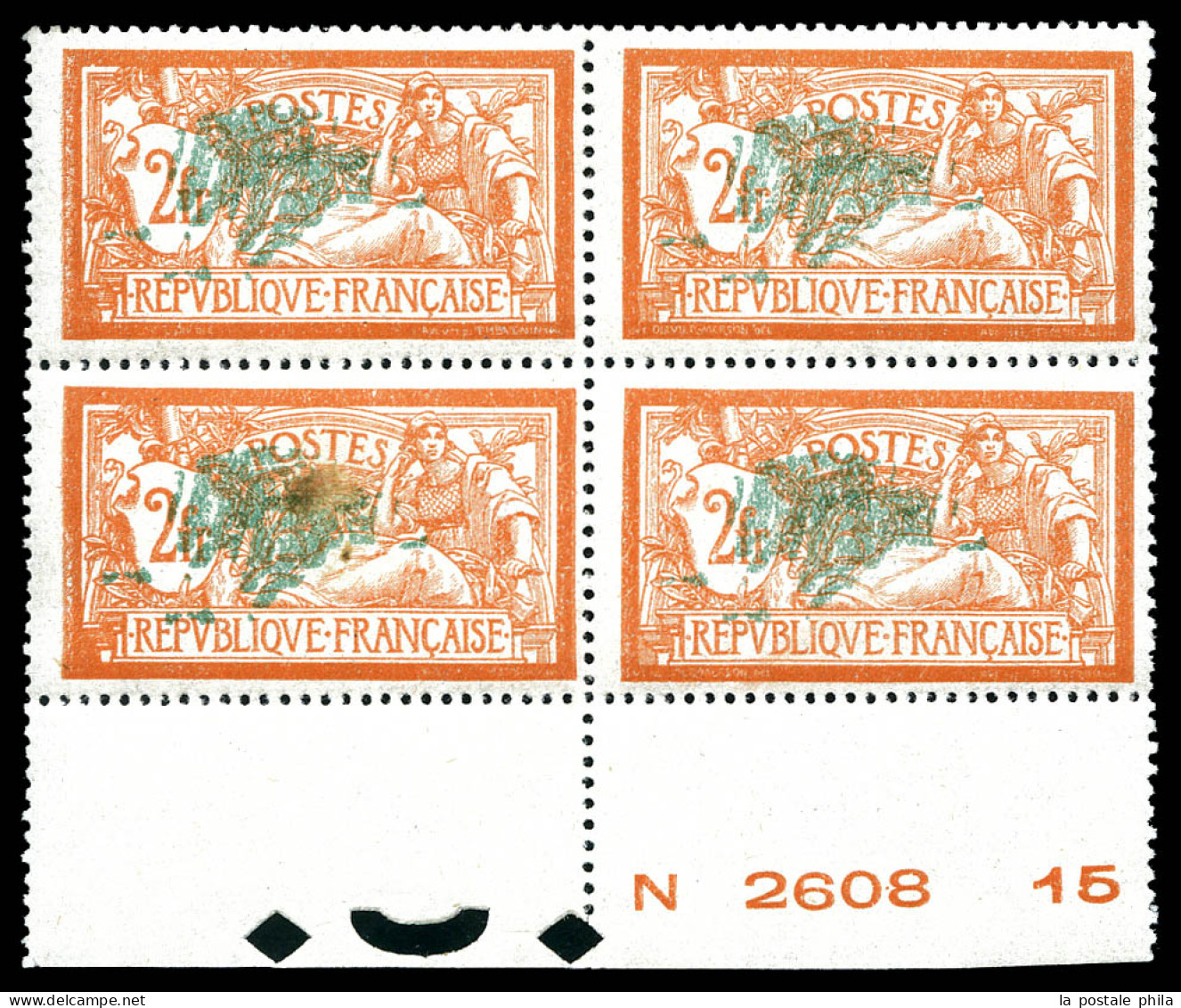 ** N°145a, 2f Merson, Double Teinte De Fond En Bloc De Quatre Bdf (2ex * Et Ex Paille Dans Papier). TTB (certificat)  Qu - Unused Stamps