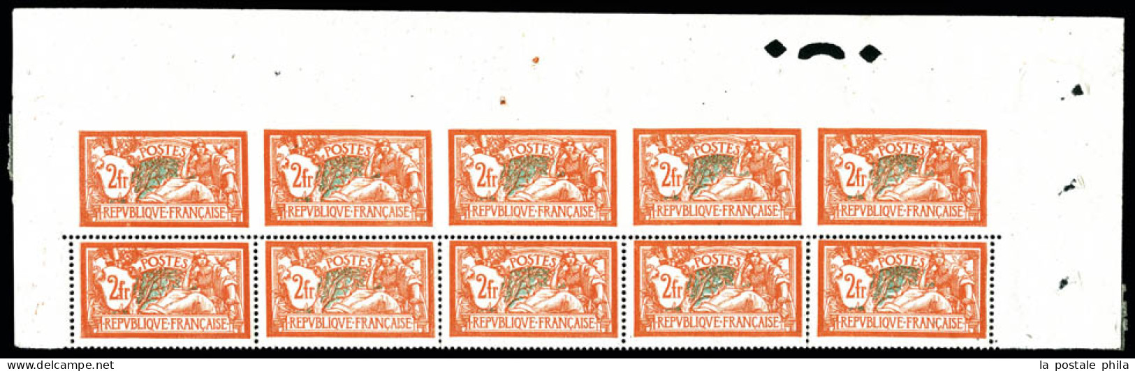 ** N°145g, 2f Merson, Exceptionnelle Variété: Cinq Exemplaires Non Dentelés Tenant à Dentelés En Bloc De Dix Haut De Feu - Unused Stamps