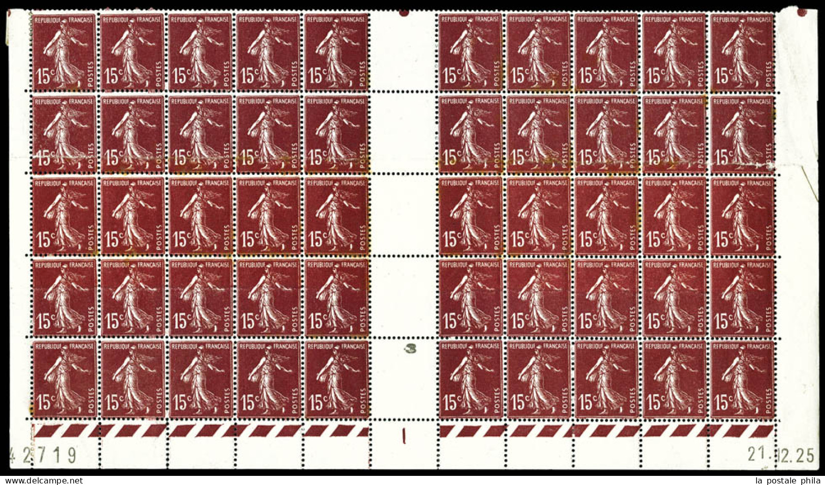 * N°189, 15c Semeuse: Impression Sur Raccord En Panneau De 50 Exemplaires Bas De Feuille Daté, Quelques Points Roux Sur  - Unused Stamps