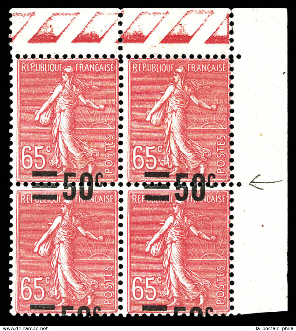 ** N°224, 50c Sur 65c Semeuse, Surcharge à Cheval Sur Bd4 Coin De Feuille (1ex*). TTB (signé Brun/certificat)  Qualité:  - Unused Stamps