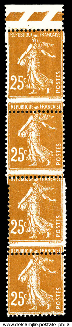 ** N°235, 25c Semeuse, Piquage Decalé Sur Bande De 4 Bdf. TTB (certificat)  Qualité: ** - Unused Stamps