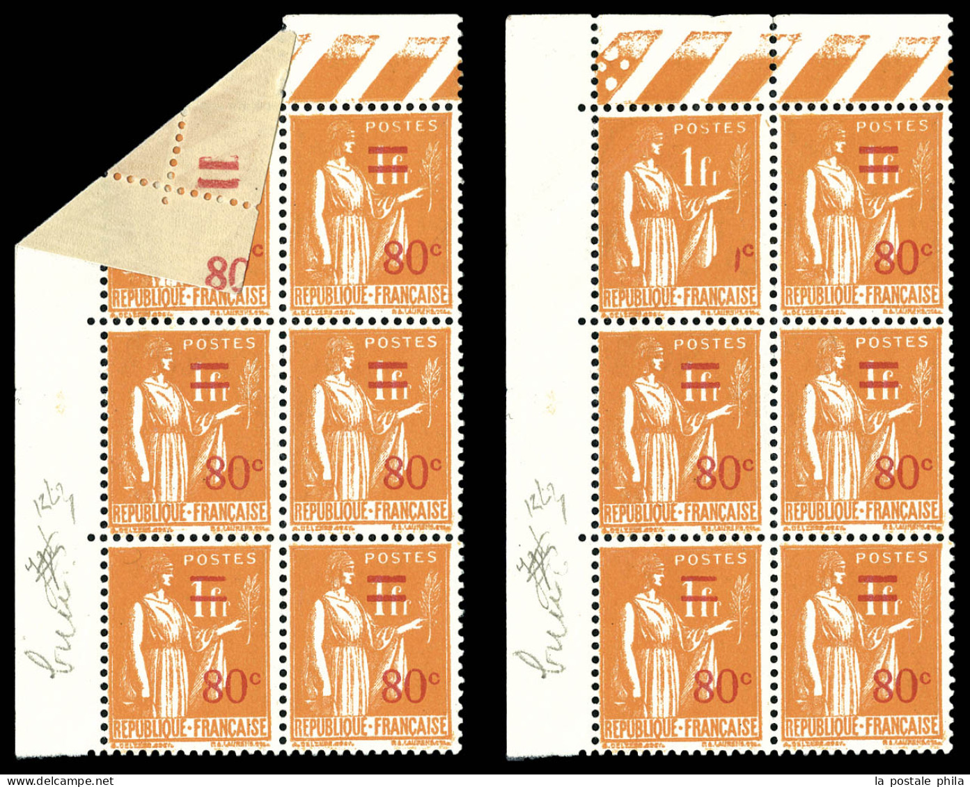 ** N°359c, 80c S 1f Paix, Surchargés Tenant à Non Surchargé Par Pliage. SUP (signé/certificat)  Qualité: **  Cote: 2100  - Unused Stamps