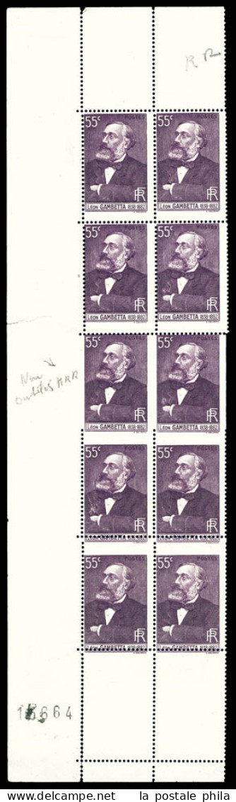 ** N°378, 55c Gambetta, Spectaculaire Variété: 2 Timbres Du Bas Plus Grand Tenant à Timbres Non Dentelé Sur Un Coté Tena - Unused Stamps