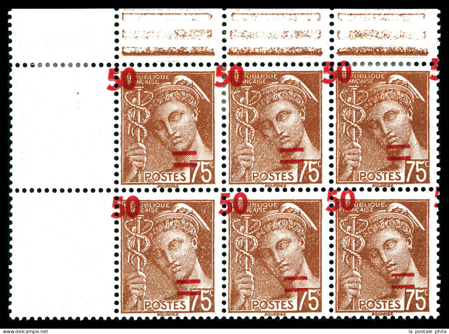 ** N°477, 50c S 75c Mercure, Surcharge Deplacée En Bloc De 6 Exemplaires Cdf (3ex*). TTB  Qualité: ** - Unused Stamps