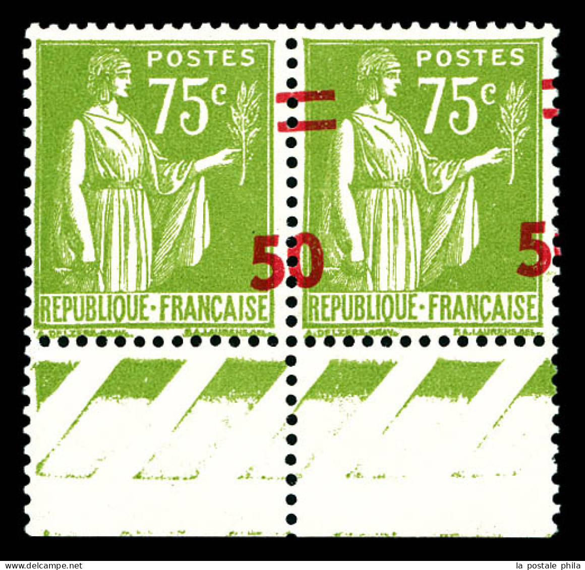 ** N°480, 50 S 75c Paix. Vert-olive, Surchage A CHEVAL Sur Paire Avec 1 Exemplaire Sans '0'. TTB (signé Calves/certifica - Unused Stamps