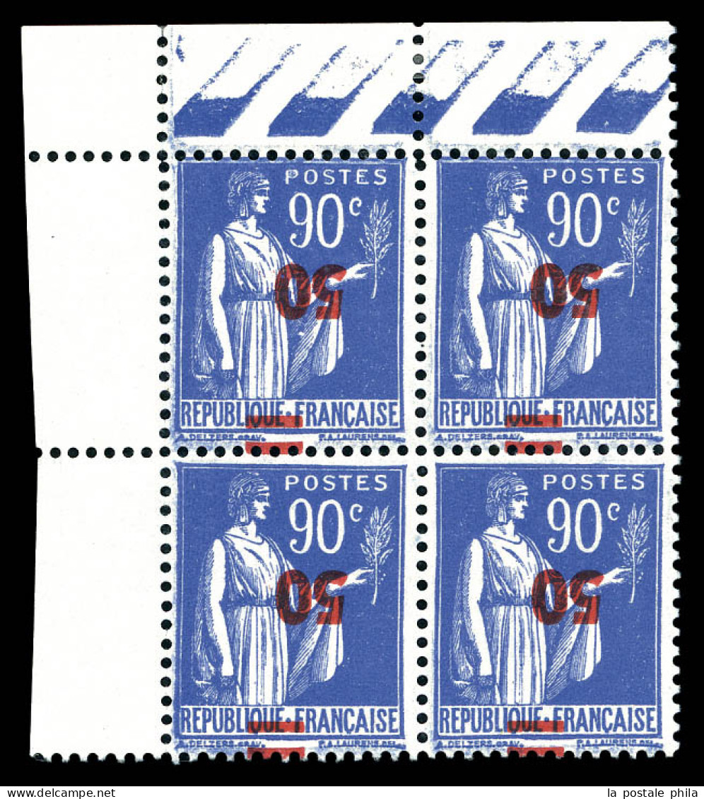 ** N°482a, 50c Sur 90c Outremer: Surcharge Renversée En Bloc De Quatre Cdf, Très Bon Centrage, TTB (signé Brun/certifica - Unused Stamps