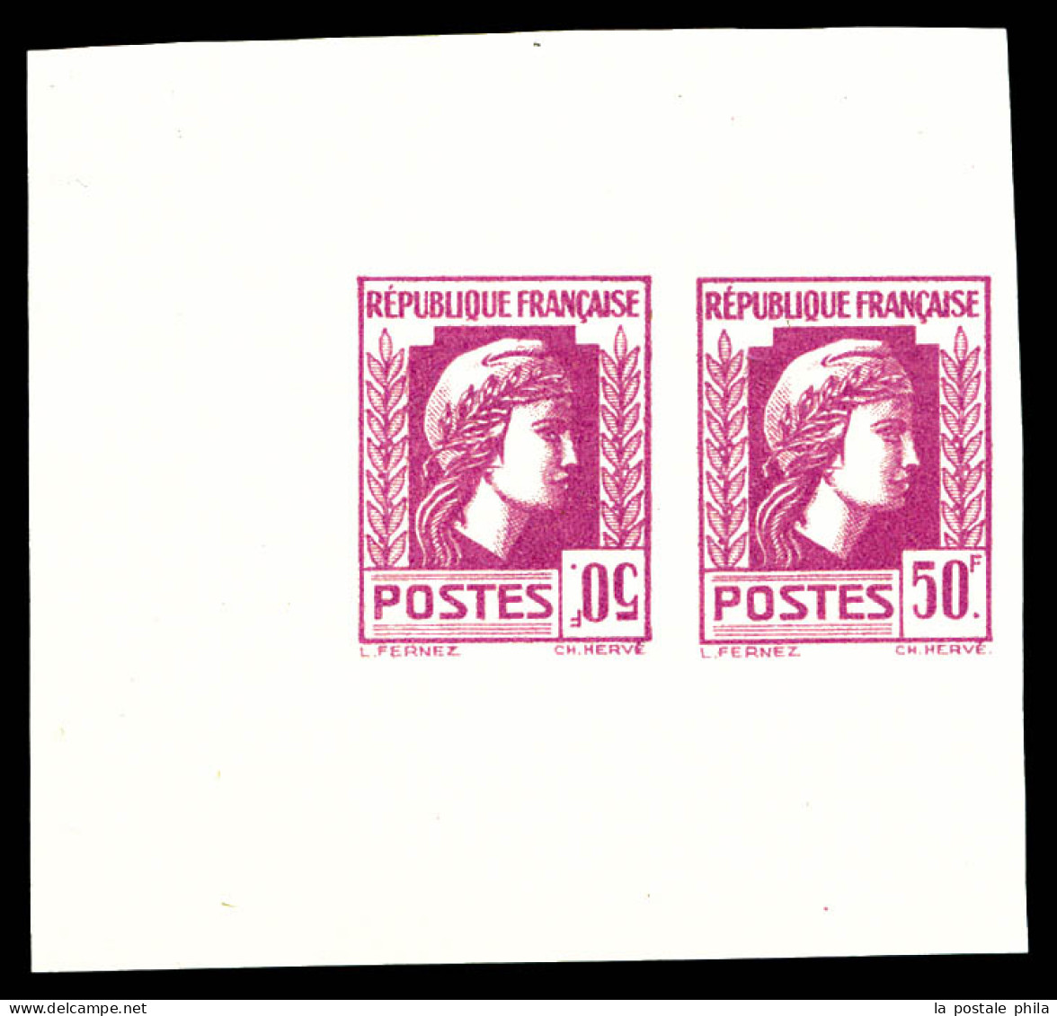 ** N°648Ca, 50f Marianne D'Alger: 50f Renversé Tenant à Normal En Paire Rose-lilas Non Dentelée. SUP (certificat)  Quali - Unused Stamps