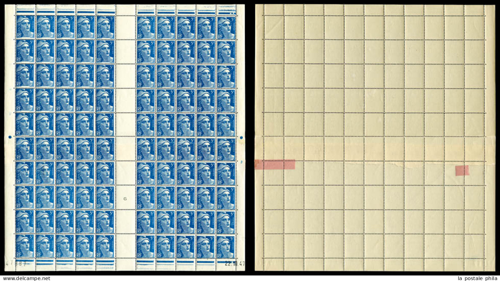 ** N°719B, 5F Gandon, Impression Sur Raccord Avec Sonnettes Sur Feuille Complète De 100 Exemplaires Datée Du 22.10.47. S - Nuevos