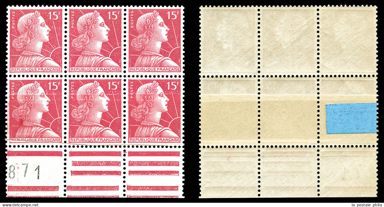 ** N°1011d, 15F Muller, Impression Sur Raccord Avec Sonnette Sur Bloc De 6ex Bas De Feuille. TTB (certificat)  Qualité:  - Unused Stamps