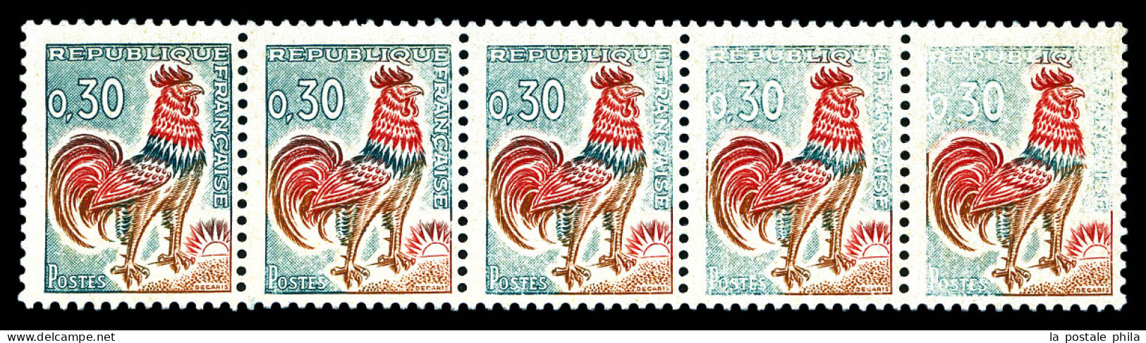 ** N°1331Ab, 30c Coq: Couleur Verte Absente Tenant à 2 Ex Couleur Dégradée Tenant à Normaux En Bande De 5. TTB (signé/ce - Unused Stamps