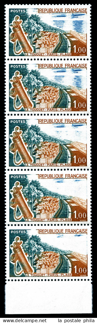 ** N°1355, 1f Le Touquet, Avion Et Océan Progressivement Absent Sur Bande De 5 Bdf. SUP. R. (certificat)  Qualité: ** - Unused Stamps