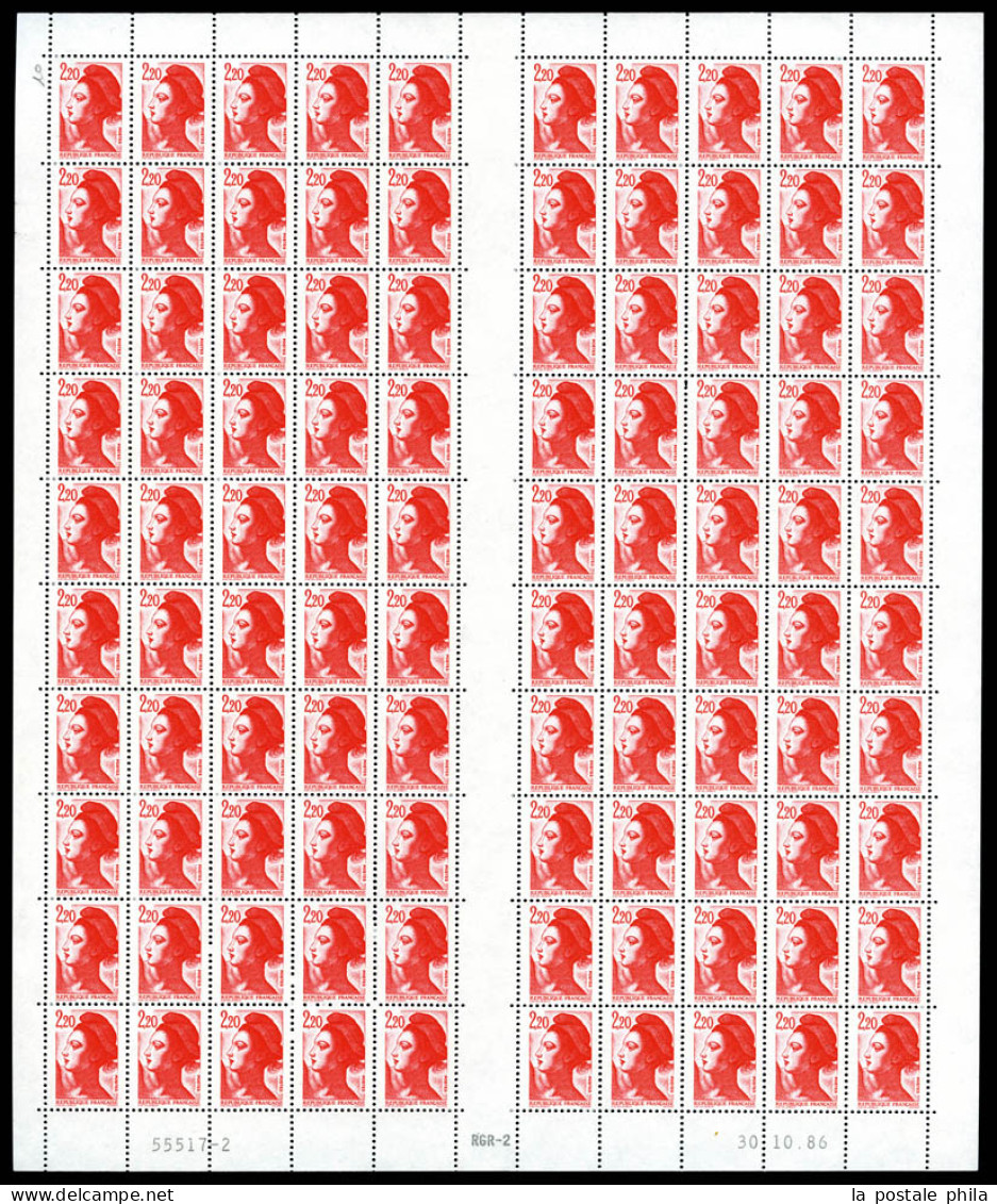 ** N°2376, 2,20f Liberté, 1er Tirage RGR-2 En Feuille Complète De 100 Exemplaires Datée Du 30.10.86. TTB (certificat)  Q - Unused Stamps