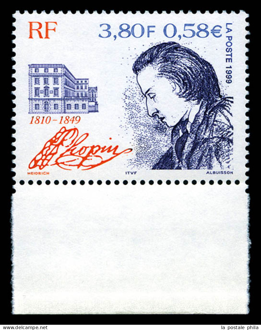 ** N°3287a, Chopin: Couleur Bleue Absente, Bord De Feuille, Très Jolie Pièce, SUP (certificat)  Qualité: **  Cote: 500 E - Ongebruikt