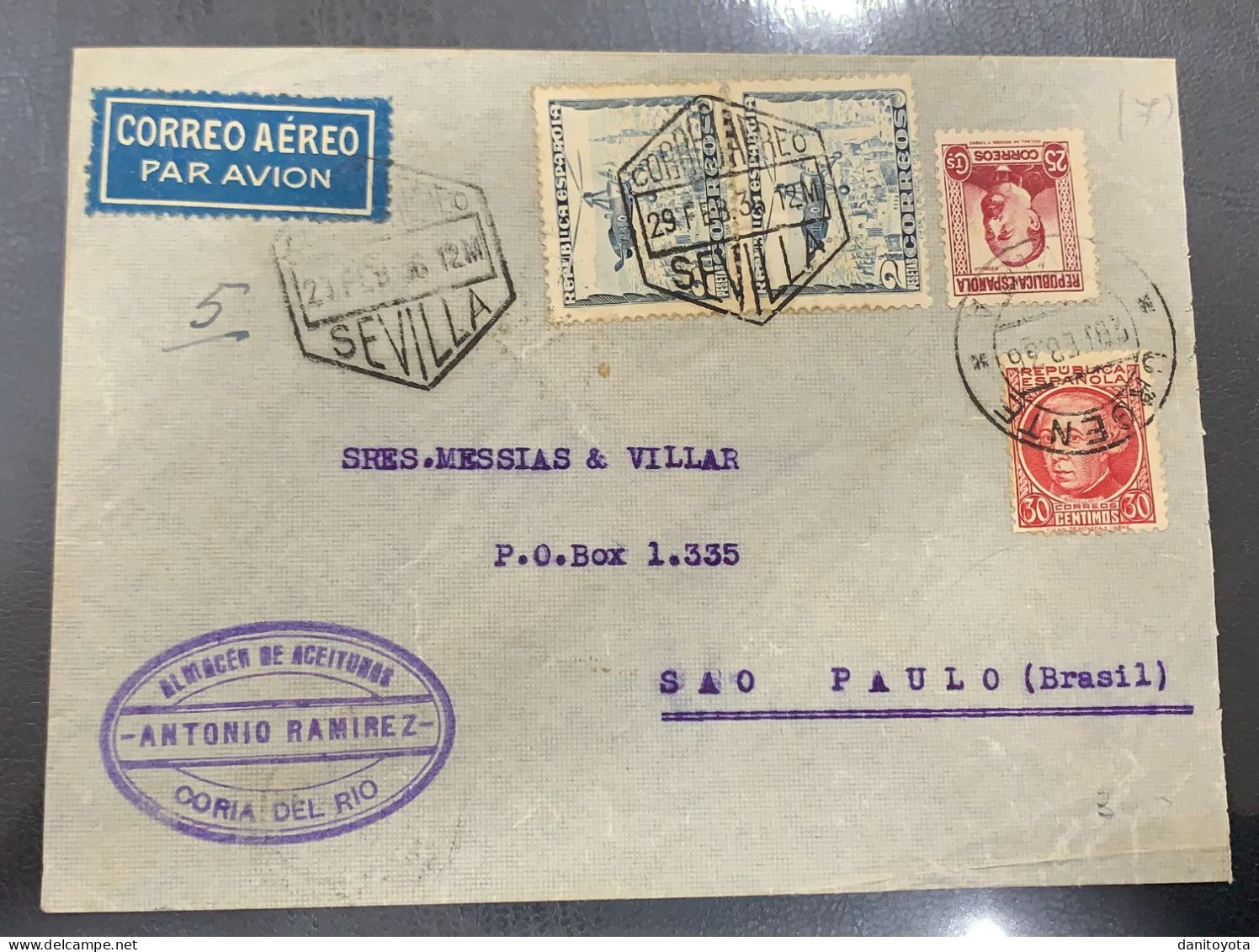 AÑO 1936. SEVILLA/ SAO PAULO (BRASIL) - Cartas & Documentos