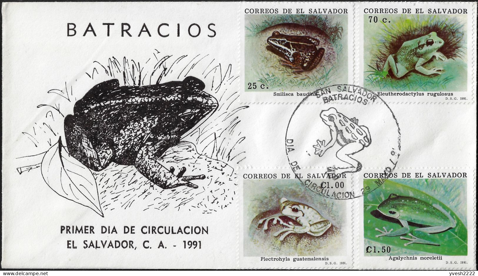 El Salvador 1991 Y&T 1104 à 1107 Sur FDC. Batraciens Salvadoriens. Smilisca Baudinii, Grenouille Arboricole,... - Ranas