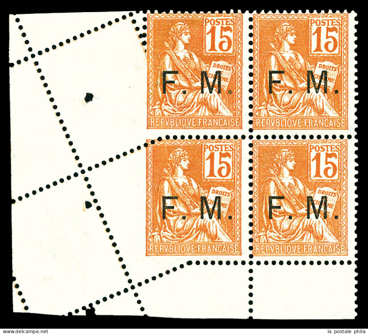 ** N°1, 15c Orange, Piquage Oblique Sur Bloc De Quatre Coin De Feuille (1ex*). SUPERBE. R. (signé/certificat)  Qualité:  - War Stamps