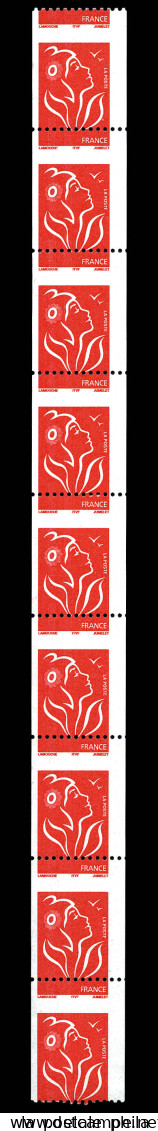 ** N°103, Lamouche Rouge TVP: Piquage à Cheval Avec 2 Bandes De Phospho à Gauche Sur Bande De 9 Exemplaires. SUP (certif - Coil Stamps