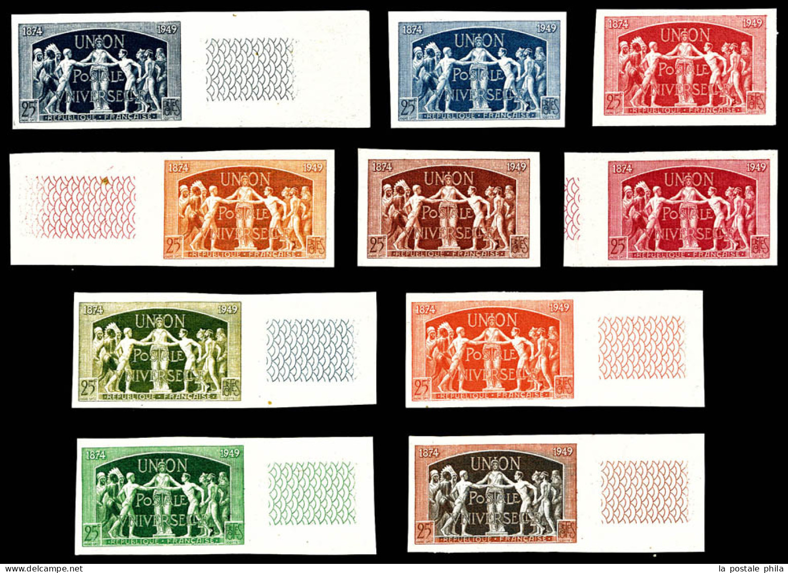 ** N°852, 25f U.P.U, Ensemble De 10 épreuves De Couleurs Non Dentelées Avec Nuances Différentes. SUPERBE. R.R.R. (certif - Kleurproeven 1945-…