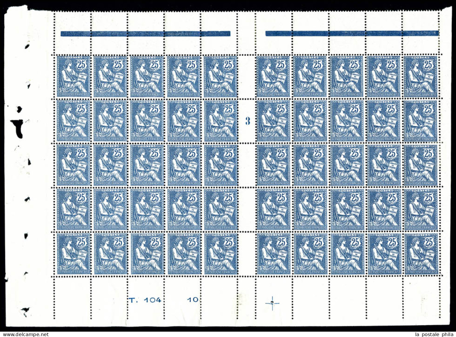 ** N°127, 25c Bleu En Panneau De 50 Exemplaires Millésime '3' (1ex*), Bas De Feuille Avec Croix De Repère Et Numéro. SUP - Full Sheets