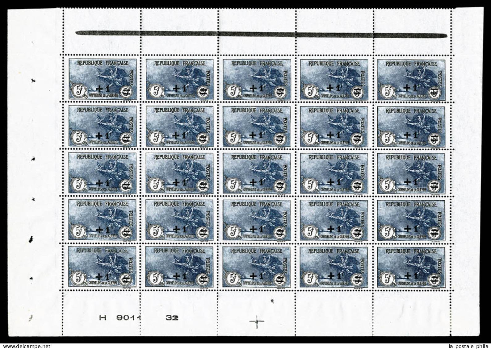 ** N°169, Orphelins, +1F Sur 5F +5F Noir Et Bleu-gris En Panneau De 25 Exemplaires Bas De Feuille Avec Numéro Et Croix D - Full Sheets