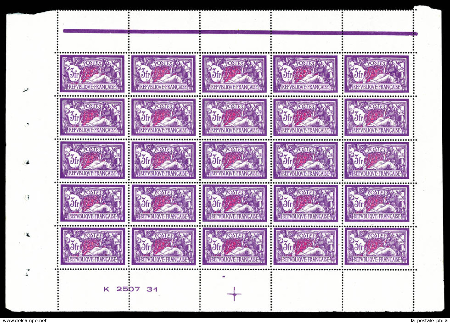 ** N°240, 3F Lilas Et Carmin En Feuille De 25 Exemplaires Avec Liseret, Croix De Repère Et Numéro De Feuille, Fraîcheur  - Volledige Vellen