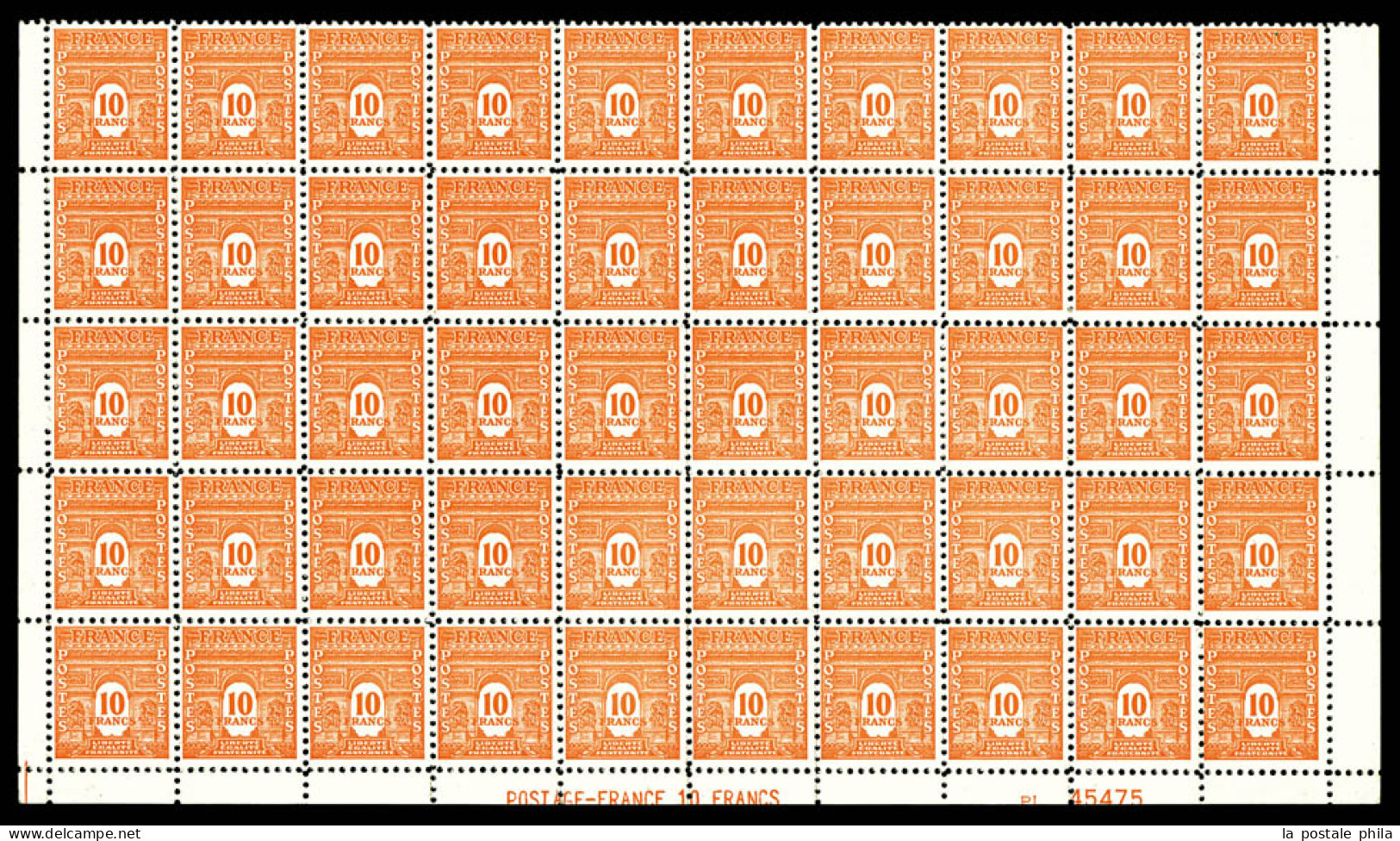 ** N°629, 10f Arc De Triomphe, Panneau De 50 Exemplaires (4 Exemplaires Froissures), TB  Qualité: **  Cote: 1850 Euros - Feuilles Complètes