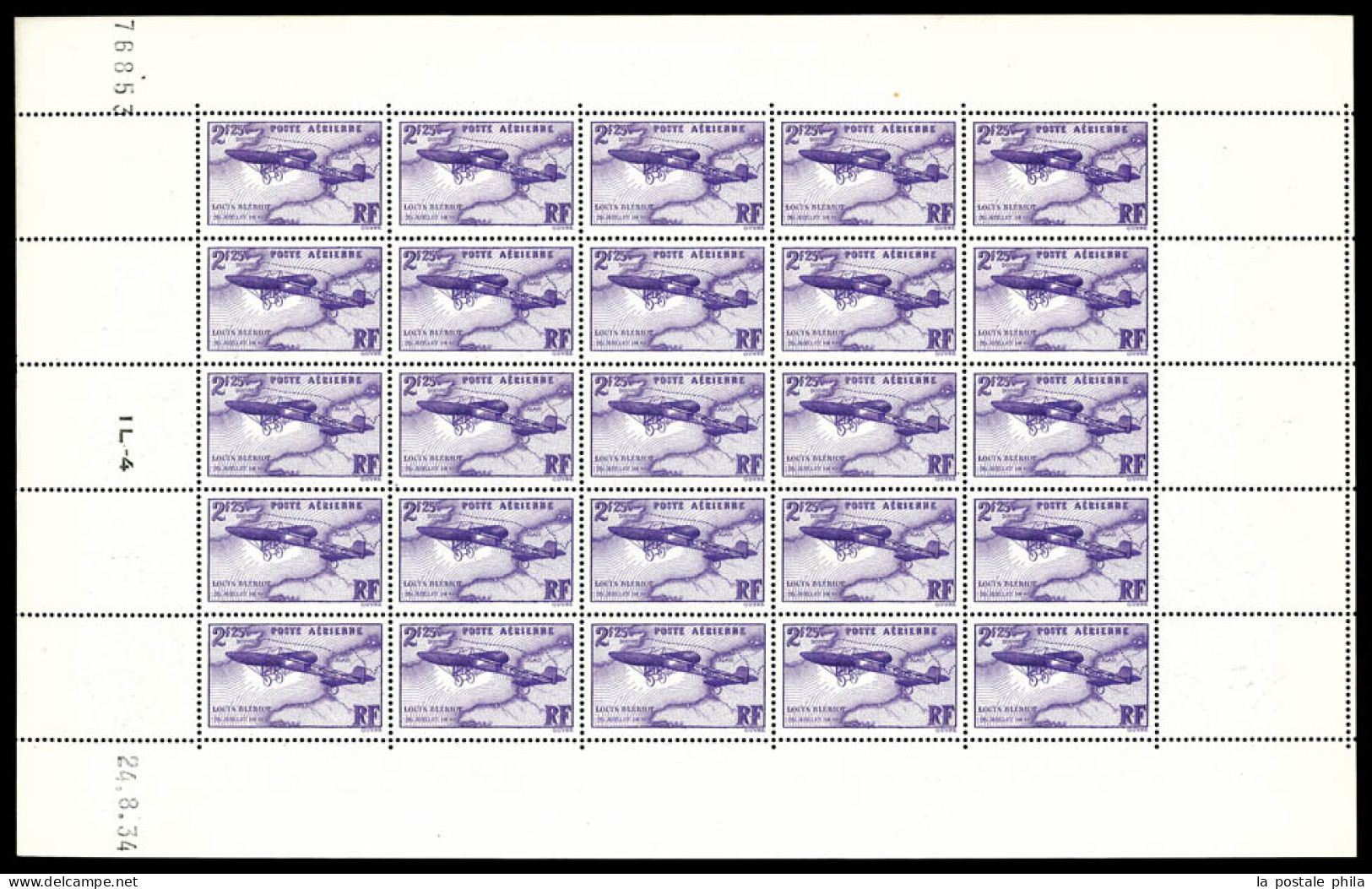 ** N°7, Blériot, 2F25 Lilas En Feuille De 25 Exemplaires Datée Du 24/8/34, SUP (certificat)  Qualité: **  Cote: 1175 Eur - Full Sheets