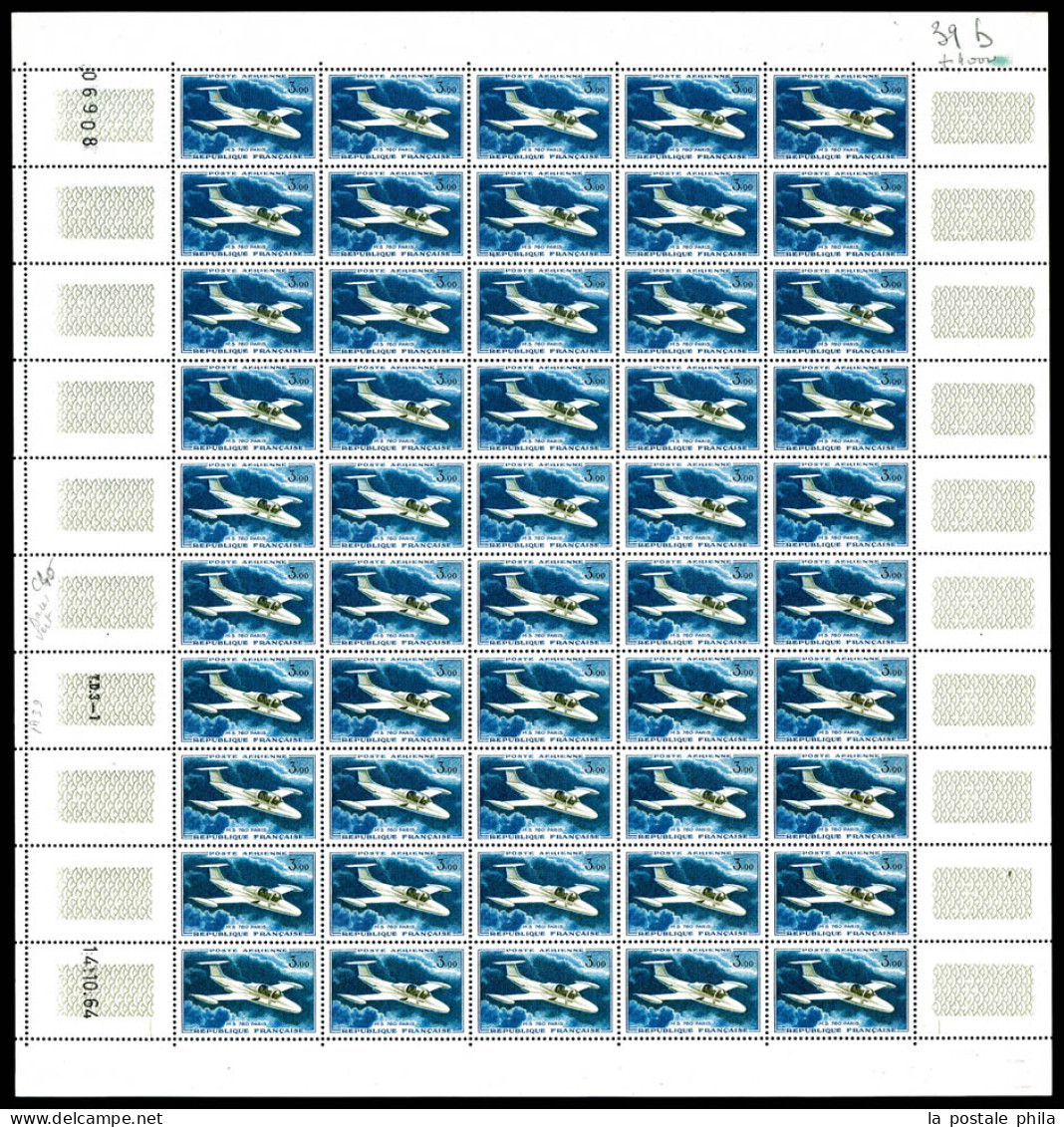 ** N°39b, 3f Maurane Saulnier: Bleu Unicolore En Feuille Complète De 50 Exemplaires. SUP. R. (certificat)  Qualité: **   - Fogli Completi