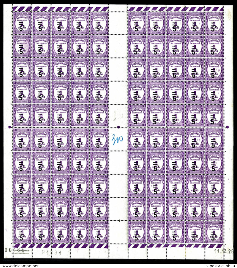 ** N°65, 5f Sur 1f Lilas En Feuille Complète De 100 Exemplaires Datée Du 11/12/26. SUPERBE. R.R. (certificat)  Qualité:  - Feuilles Complètes