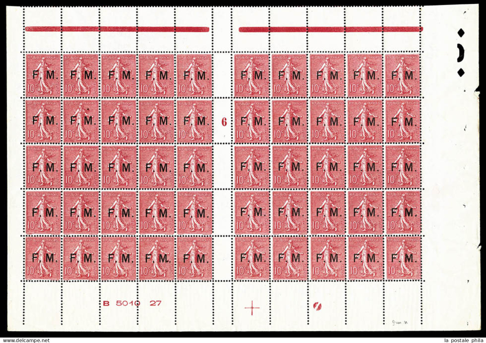 ** N°4, 10c Rose Surchargé: FEUILLE DE 50 EXEMPLAIRES, Millésime '6', Avec Numéro Et Croix De Repère, Fraîcheur Postale, - Full Sheets