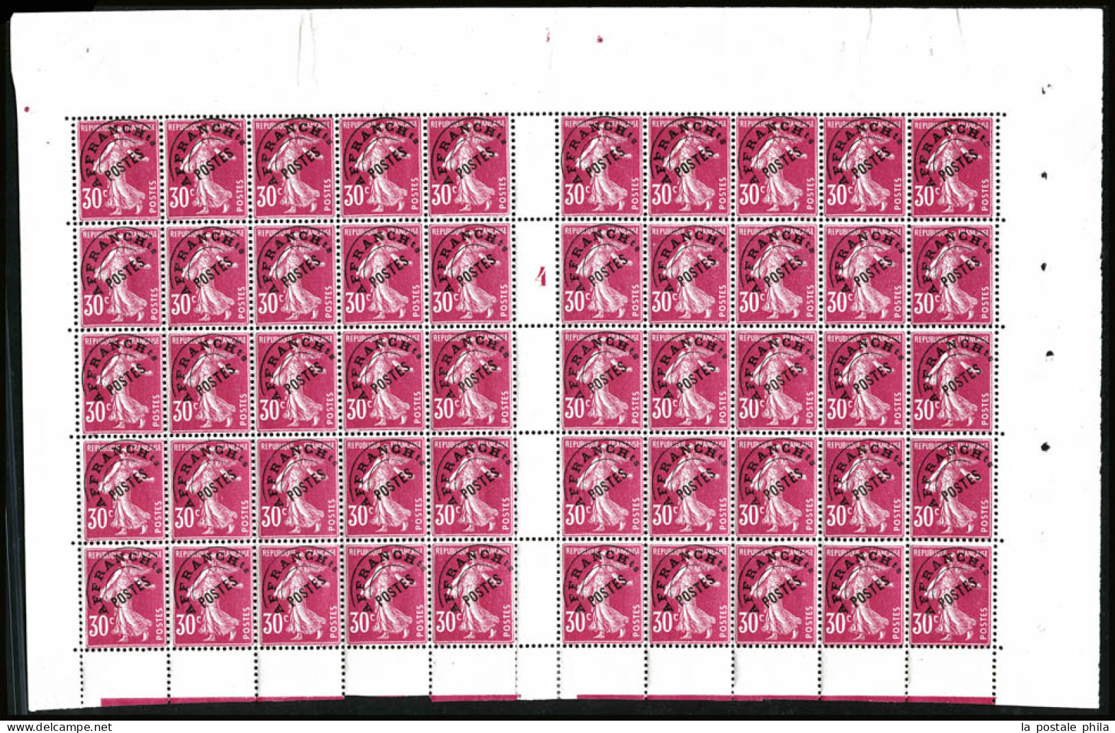 ** N°59, 30c Rose En Feuille De 50 Exemplaires Millésime '4', TRES BON CENTRAGE, SUPERBE (certificat)  Qualité: **  Cote - Full Sheets