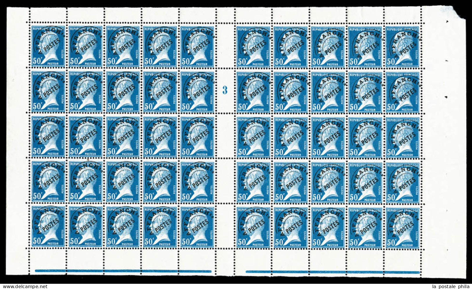 ** N°68, Pasteur, 50c Bleu Surchargé En Feuille De 50 Exemplaires Millésime '3', PIECE SUPERBE Et R.R.R. (certificat)  Q - Full Sheets