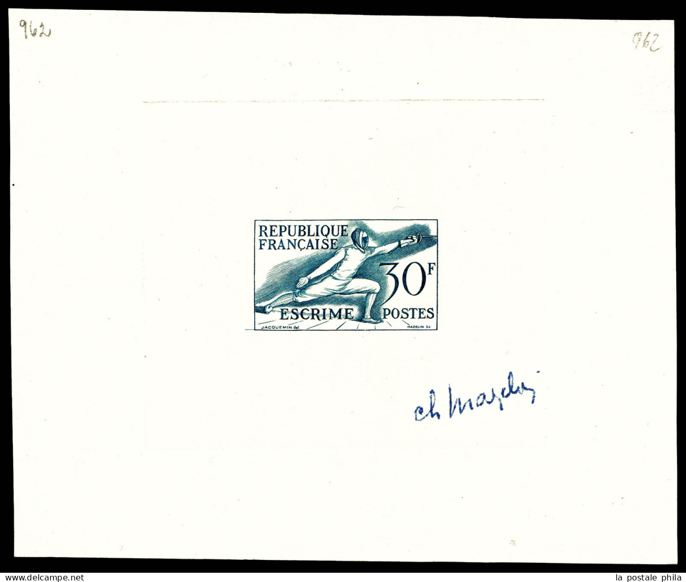 (*) N°962, Série JO D'Helsinski De 1952, épreuve D'artiste En Bleu, Signée. TB  Qualité: (*) - Prueba De Artistas
