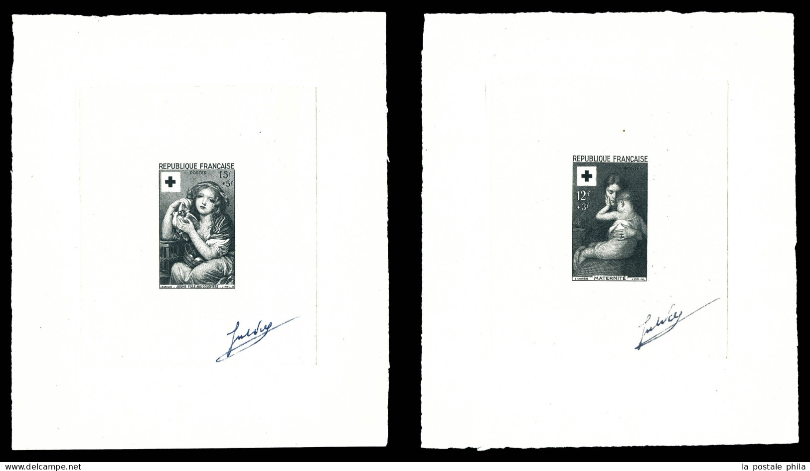 (*) N°1006/7, Paire Croix Rouge De 1954: 2 épreuves D'artiste En Noir Signées Du Graveur, Rare Et SUP (certificat)  Qual - Künstlerentwürfe