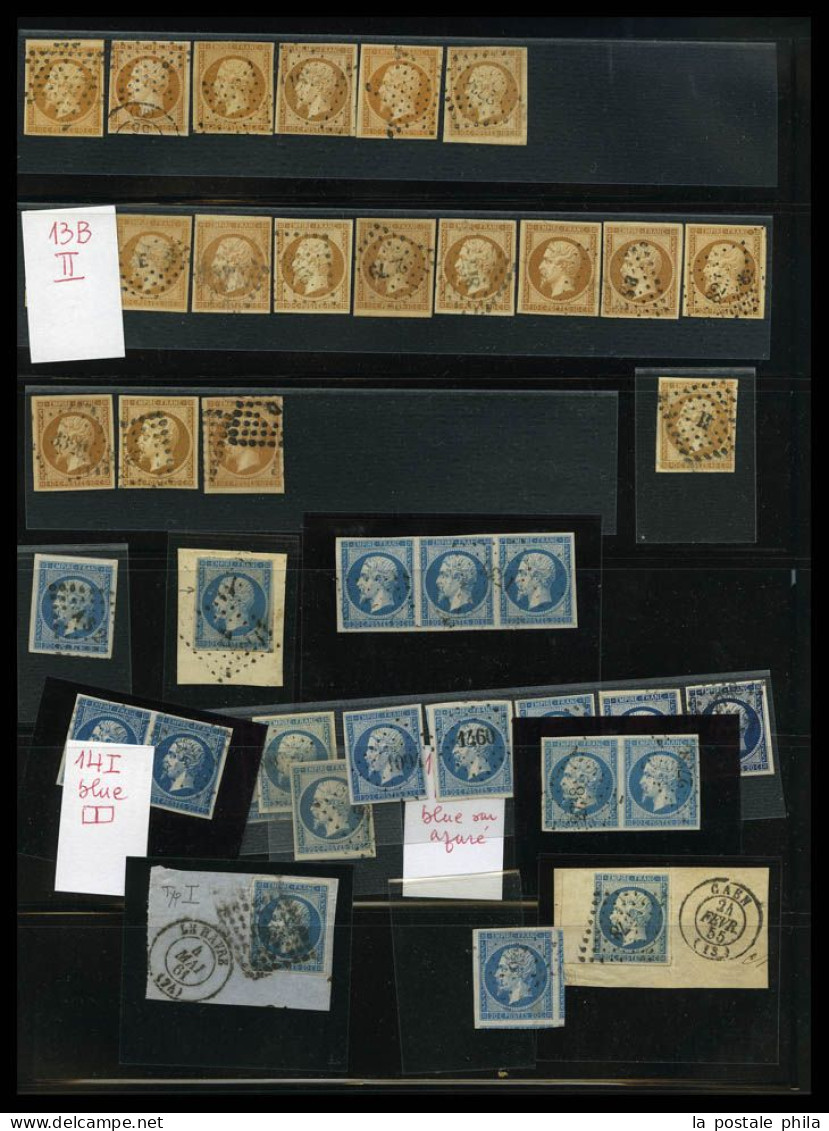 O 1849-1900: entre les N°1 et 106 (sauf Bordeaux), Collection par multiples dont oblitérations, variétés, bandes, blocs,