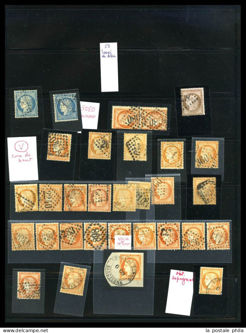 O 1849-1900: entre les N°1 et 106 (sauf Bordeaux), Collection par multiples dont oblitérations, variétés, bandes, blocs,