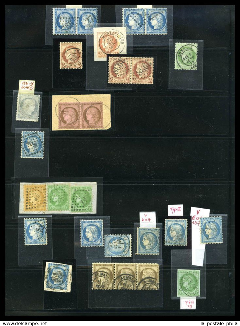 O 1849-1900: entre les N°1 et 106 (sauf Bordeaux), Collection par multiples dont oblitérations, variétés, bandes, blocs,