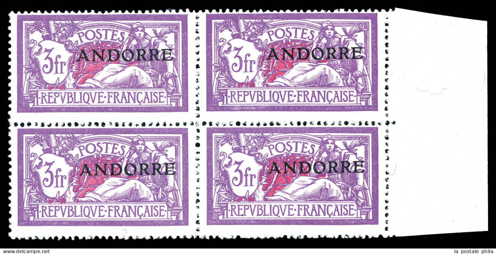 ** N°20, 3f Merson Surchargé En Bloc De Quatre Bdf. SUP (certificat)  Qualité: **  Cote: 960 Euros - Unused Stamps