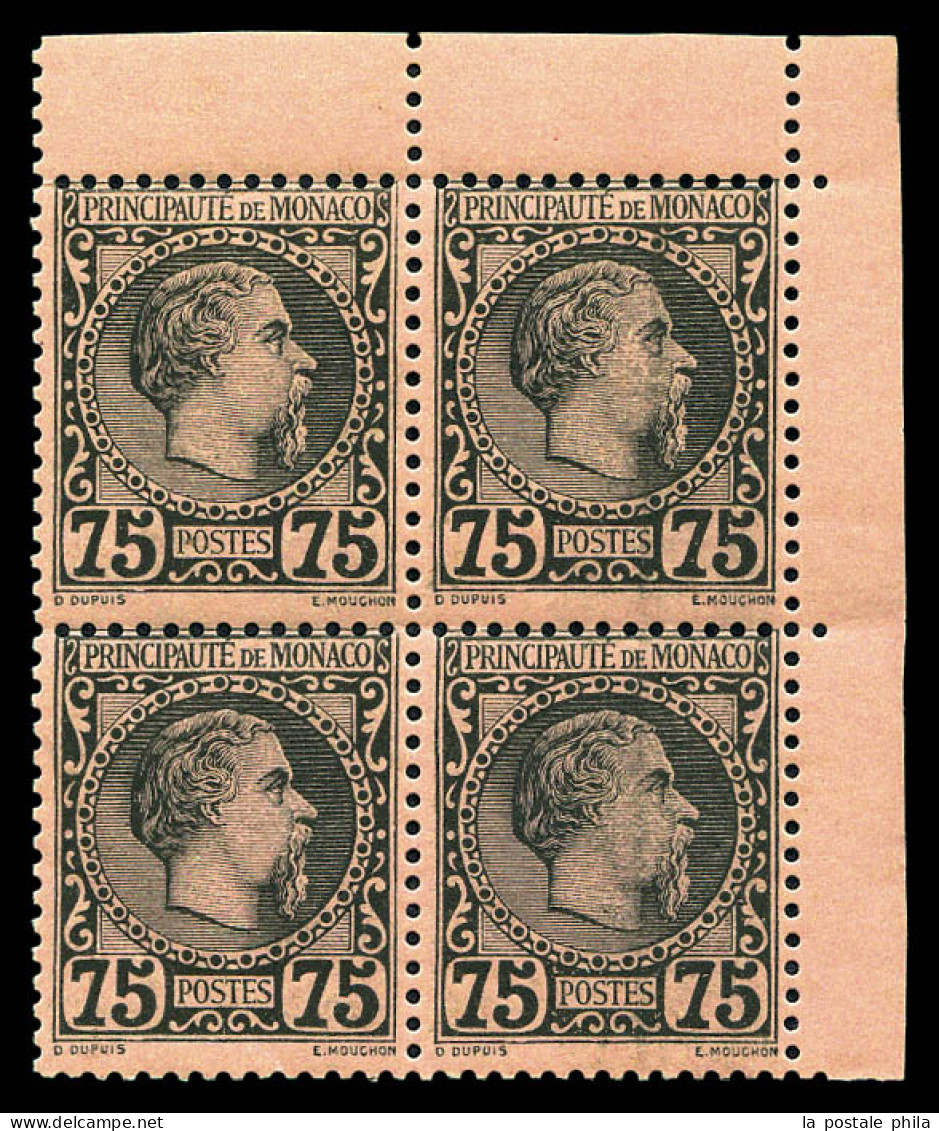 ** N°8, Charles III, 75c Noir Sur Rose En Bloc De Quatre Coin De Feuille, Fraîcheur Postale, SUPERBE (signé Calves/certi - Unused Stamps